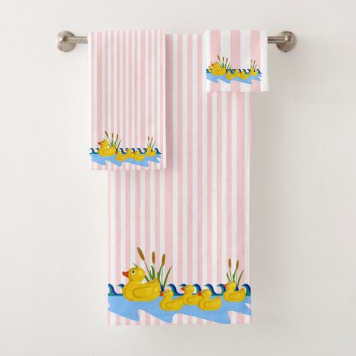 Pink  White Stripe Bathroom Towel Sets Ducks