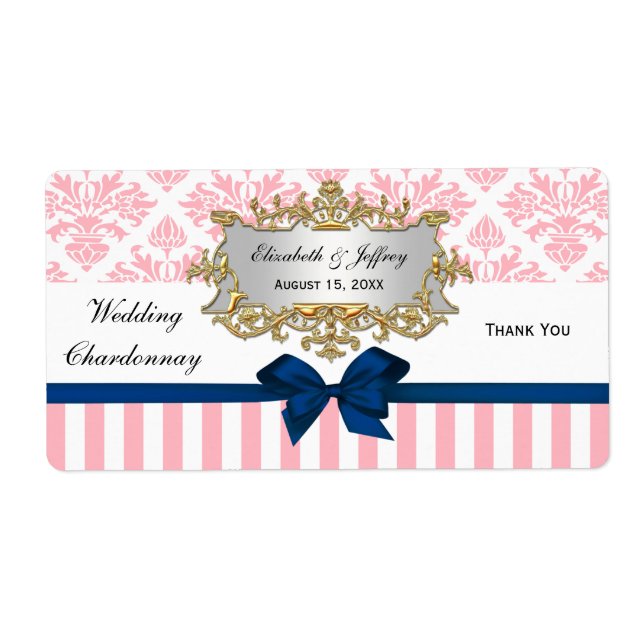 Pink White Stripe Damask Navy Blu Party Wine Label (Front)