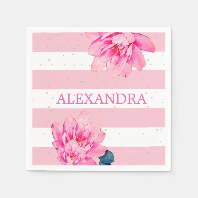 Pink White Stripe Floral Chic Silver Napkins (Front)