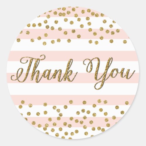 Pink White Stripe Gold Confetti Party Thank You Classic Round Sticker