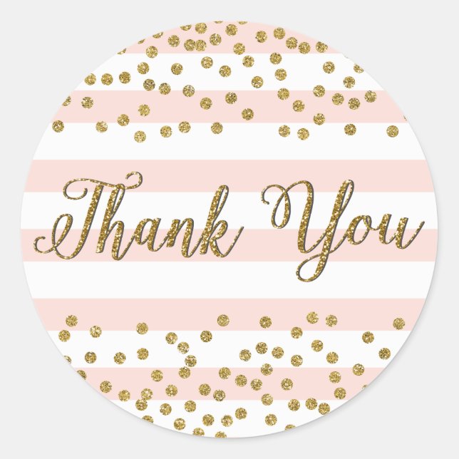 Pink White Stripe Gold Confetti Party Thank You Classic Round Sticker (Front)