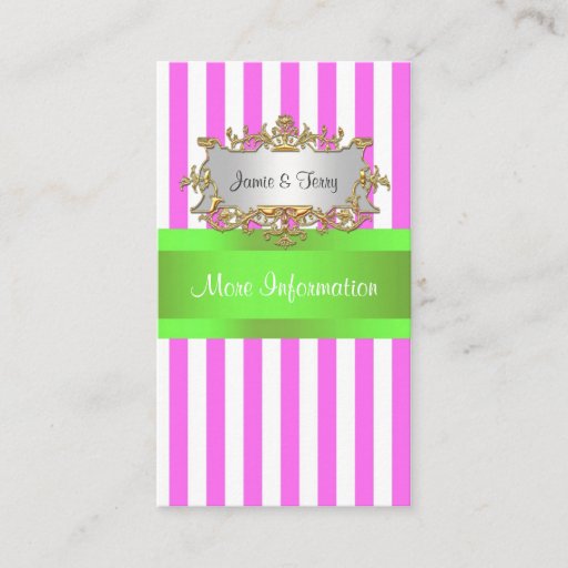 Customizable Pink White Stripe, Lime Green Ribbon Business Cards