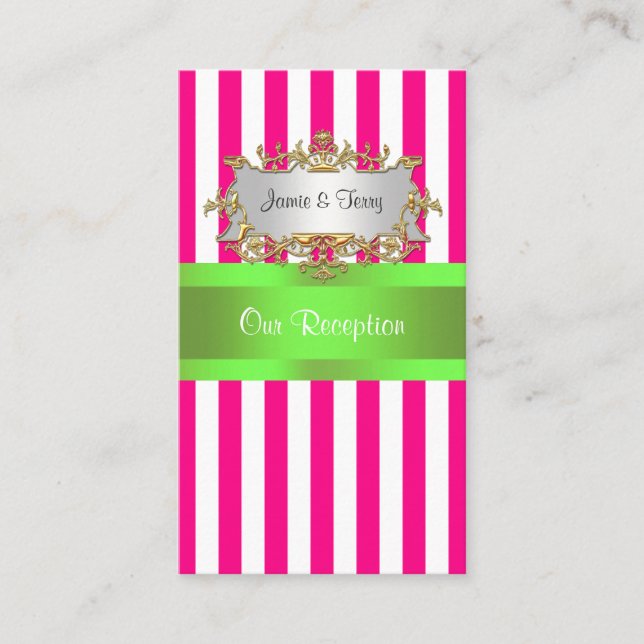 Pink White Stripe, Lime Green Ribbon Placecard (Front)
