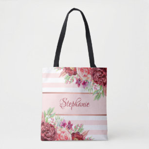 Pink White Stripe Modern Floral Personalized Tote Bag