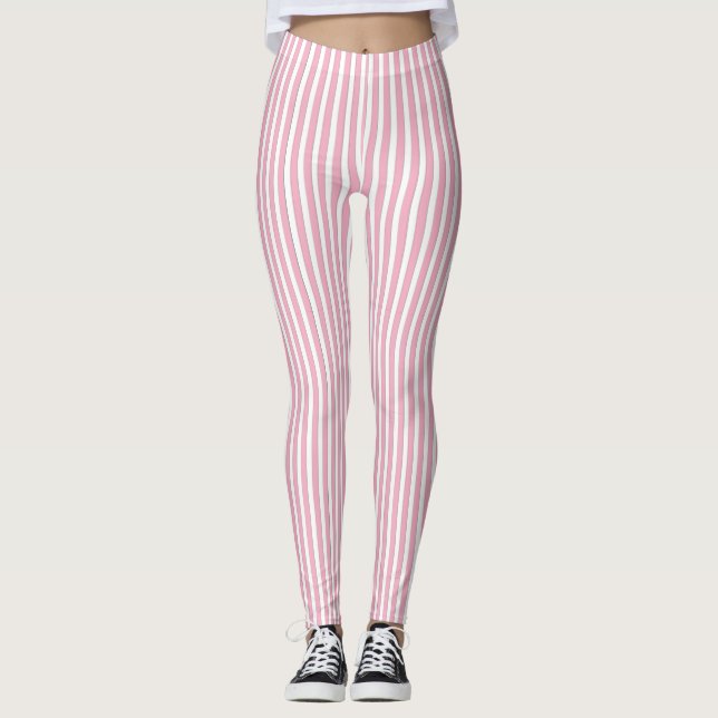 Pink & White Stripe Pattern Leggings (Front)
