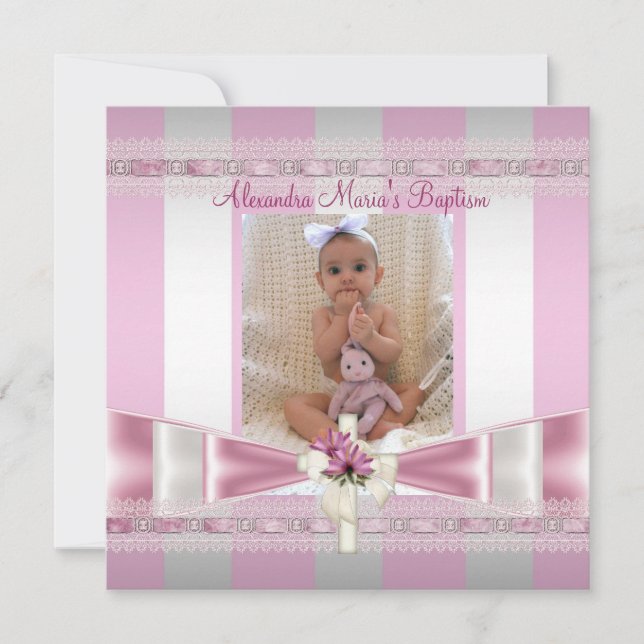 Pink White Stripe Photo Cross Baptism Christening Invitation (Front)
