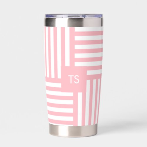 Pink White Striped Custom Initials Travel Tumbler 