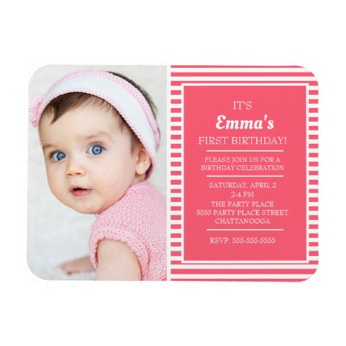 Pink White Striped Girls First Birthday Photo Magnet