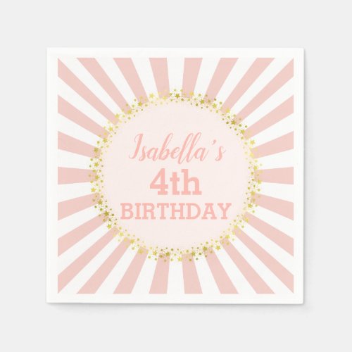 Pink White Striped Gold Glitter Confetti Birthday Napkins