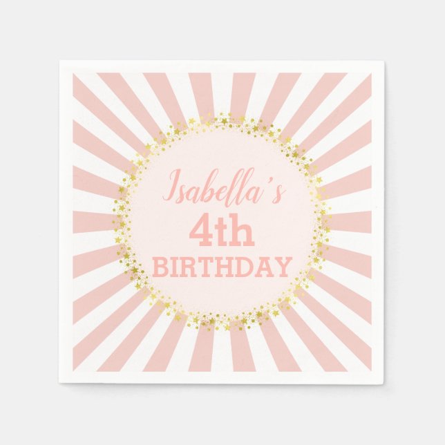 Pink White Striped Gold Glitter Confetti Birthday Napkins (Front)