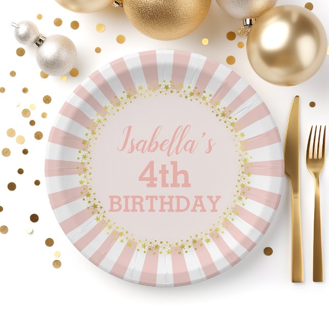 Pink White Striped Gold Glitter Confetti Birthday Paper Plates (Creator Uploaded)