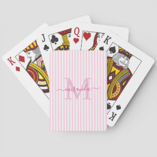 Pink & White Striped Monogram Name Poker Cards