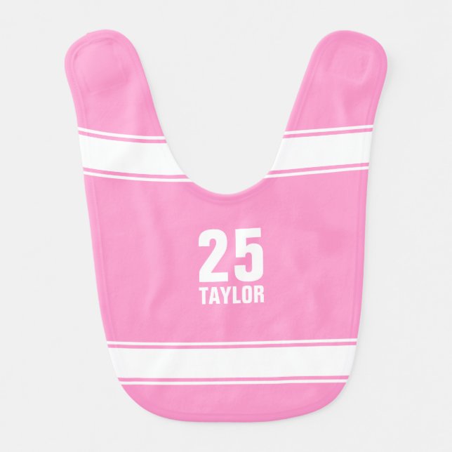 Pink & White Striped Number Sports Jersey Baby Bib (Front)