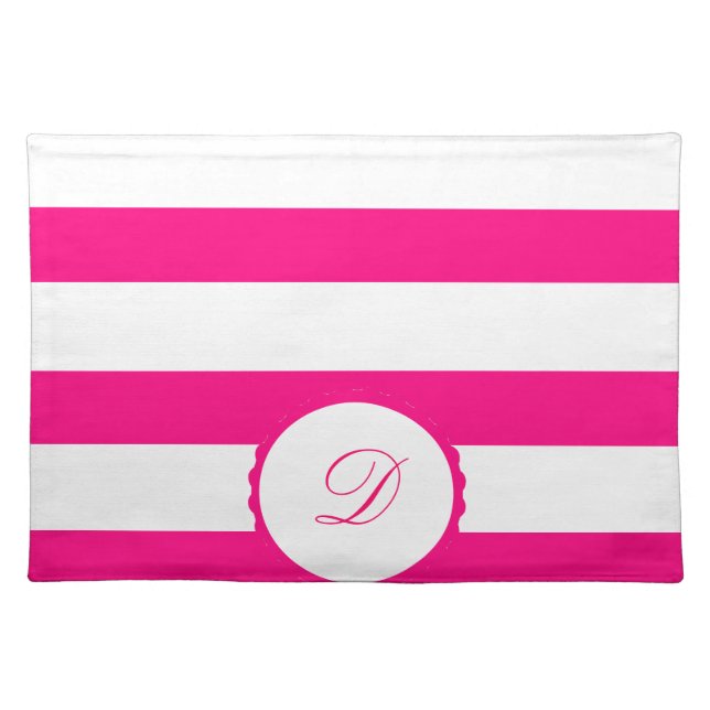 Pink White striped personalized monogram Cloth Placemat (Front)