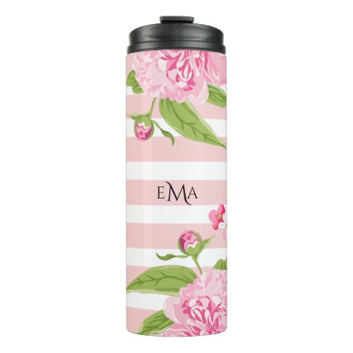 Pink  White Stripes Accented With Pink Flowers Thermal Tumbler