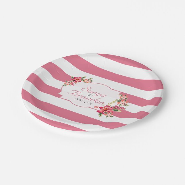 Pink White Stripes And Flowers Paper Plates (Angled)