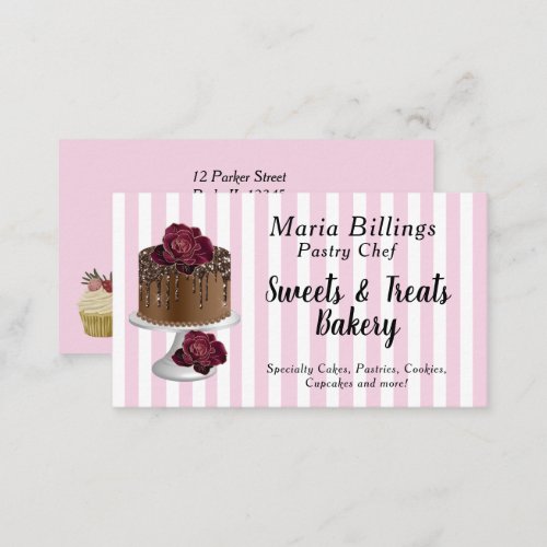 Pink White Stripes and Gourmet Cake Pastry Chef Business Card