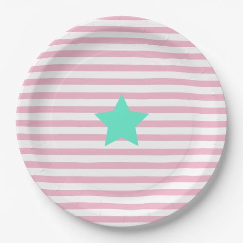 Pink  white stripes and teal star _ Paper Plates