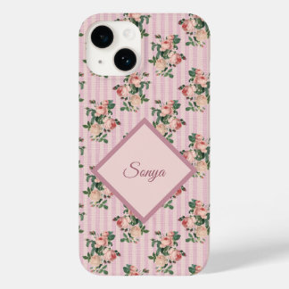 Pink White Stripes and Trailing Roses Monogrammed Case-Mate iPhone 14 Case