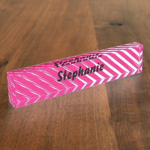 Pink White Stripes Art Custom Name Cute Gift Favor Desk Name Plate