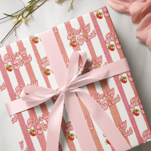 Pink White Stripes Berry 1st Birthday Strawberry Wrapping Paper