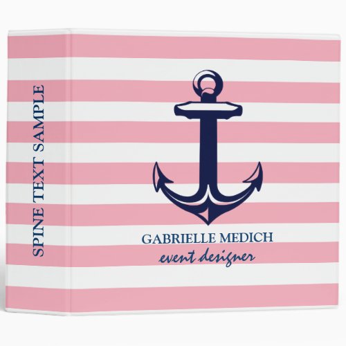 Pink  White Stripes Blue Nautical Anchor Binder