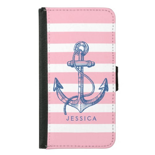 Pink  White Stripes Blue Nautical Boat Anchor 2 Samsung Galaxy S5 Wallet Case