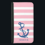 Pink & White Stripes Blue Nautical Boat Anchor Wallet Phone Case For Samsung Galaxy S5<br><div class="desc">White and light pink stripes pattern with navy blue nautical boat anchor illustration. Customizable monogram. Adjustable anchor size.</div>