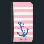 Pink & White Stripes Blue Nautical Boat Anchor Wallet Phone Case For Samsung Galaxy S5<br><div class="desc">White and light pink stripes pattern with navy blue nautical boat anchor illustration. Customizable monogram. Adjustable anchor size.</div>