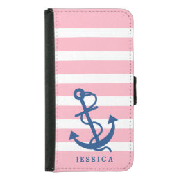 Pink &amp; White Stripes Blue Nautical Boat Anchor Wallet Phone Case For Samsung Galaxy S5