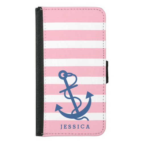 Pink  White Stripes Blue Nautical Boat Anchor Wallet Phone Case For Samsung Galaxy S5