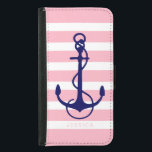 Pink & White Stripes Blue Nautical Boat Anchor Wallet Phone Case For Samsung Galaxy S5<br><div class="desc">White and light pink stripes pattern with navy blue nautical boat anchor simple illustration. Customizable monogram in suggested pink font color. Adjustable anchor size.</div>