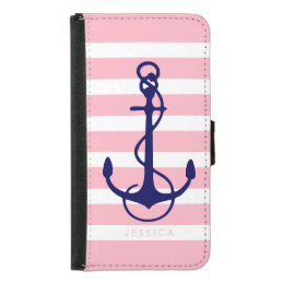 Pink &amp; White Stripes Blue Nautical Boat Anchor Wallet Phone Case For Samsung Galaxy S5