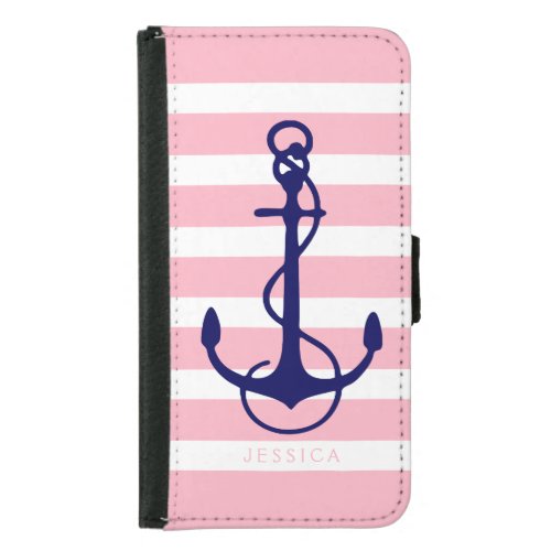 Pink  White Stripes Blue Nautical Boat Anchor Wallet Phone Case For Samsung Galaxy S5