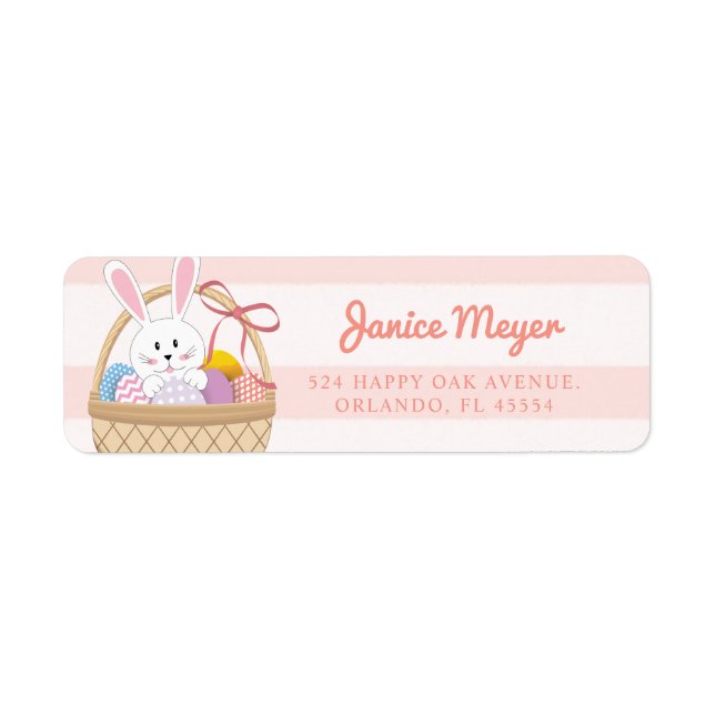 Pink & White Stripes Easter Bunny In Basket Card Label (Front)