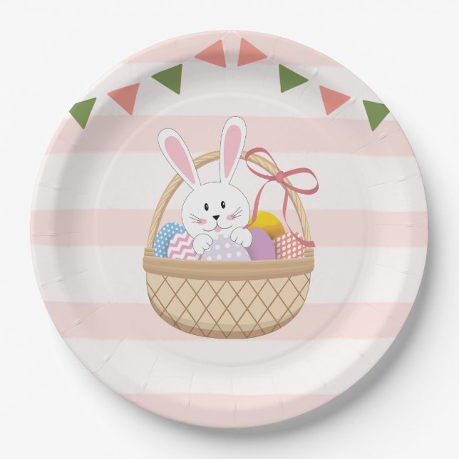 Pink & White Stripes Easter Bunny In Basket Paper Plates (Front)