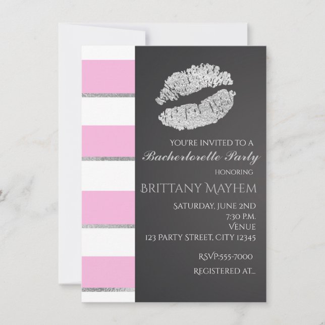 Pink & White Stripes Faux Silver Lips Kiss Party Invitation (Front)