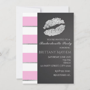 Pink & White Stripes Faux Silver Lips Kiss Party Invitation