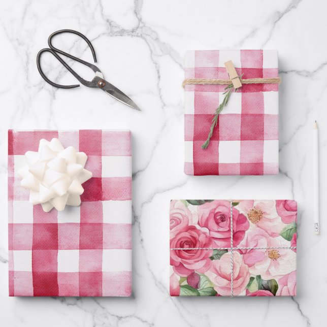 Pink White Stripes Floral Birthday Wrapping Paper Sheets (Front)