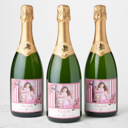 Pink white stripes floral name photo 30th Birthday Sparkling Wine Label