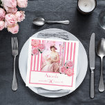 Pink white stripes floral photo 90th birthday napkins<br><div class="desc">Elegant, classic, glamorous, fun and feminine style napkin for a 90th birthday party. Classic and chic slim pink and white vertical stripes. Decorated with pink flowers, peonies and roses. White background. Templates for a name, age 90, date of birth and the date of the anniversary. Template for your vertical sized...</div>