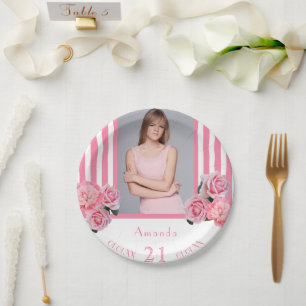 Pink white stripes florals photo 21st birthday paper plates