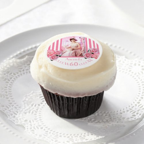 Pink white stripes florals photo 60th birthday edible frosting rounds