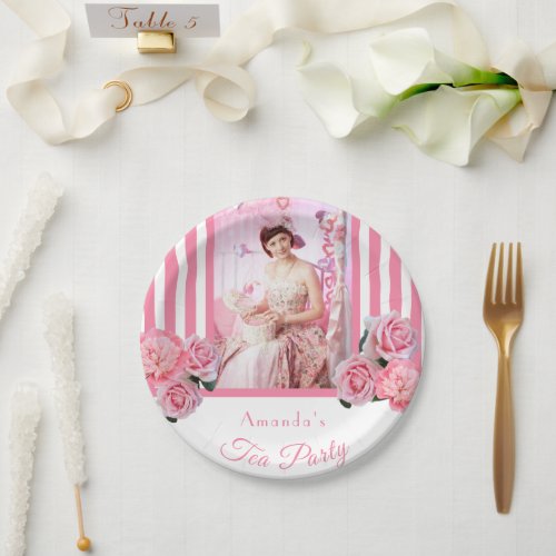 Pink white stripes flowers tea party photo paper plates