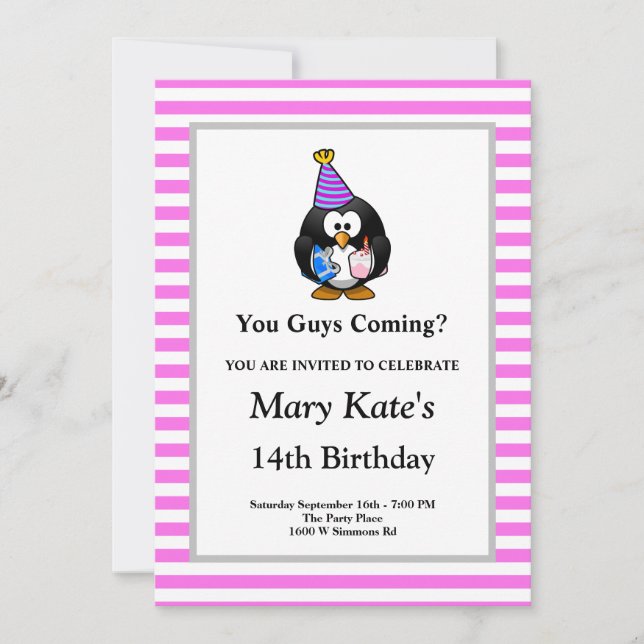 Pink/White Stripes Framed Funny Birthday Party Invitation (Front)