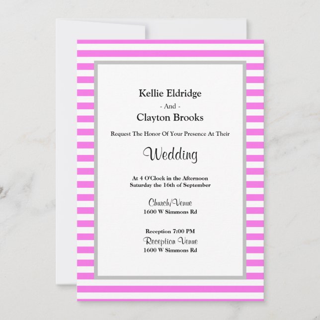 Pink/White Stripes Framed Wedding Invitation (Front)
