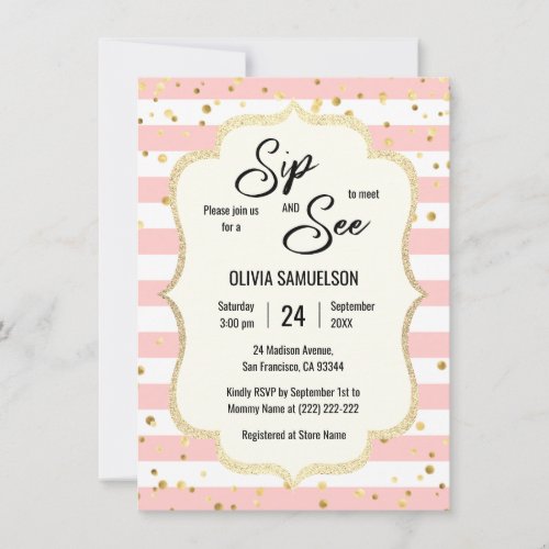 Pink White Stripes Gold Black BABY SIP and SEE Invitation