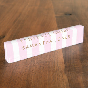 pink white Stripes Gold Classic Personalized Desk Name Plate