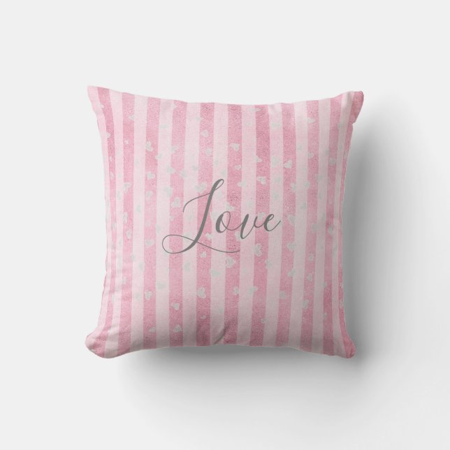 Pink White Stripes Hearts Love Throw Pillow (Front)