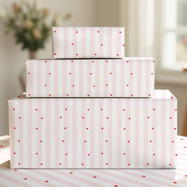 Pink White Stripes + Hearts Wrapping Paper (Creator Uploaded)